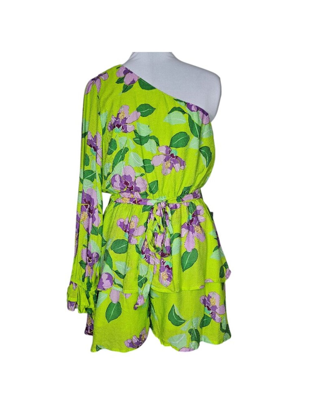 BTFL Life L Romper Green Bright Floral One Sleeve Ruffle Resort Vacation Summer